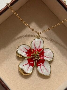 White & Red Latte Enamel Statement Flower Petal Pendant Necklace - Gold Tone